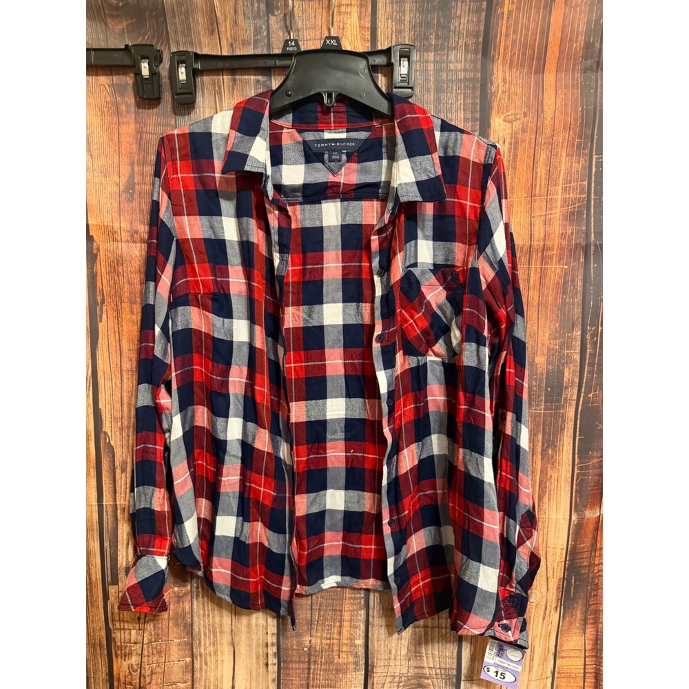 Tommy Hilfiger Red White Navy Plaid Roll Tab Long Sleeve Button Down Shirt L